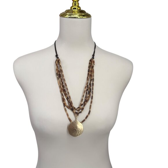 J. Jill Layered Beaded Necklace Hammered Gold Tone Pendant Cord Adjustable - Picture 2 of 15